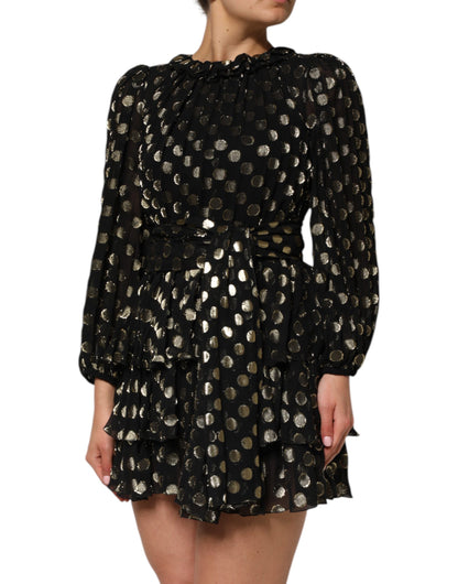 Black Gold Polka Dot Silk Brocade Mini Dress