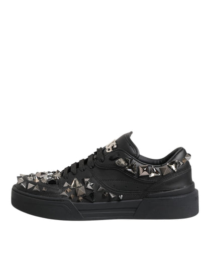 Black Leather Studded Low Top Sneakers Shoes
