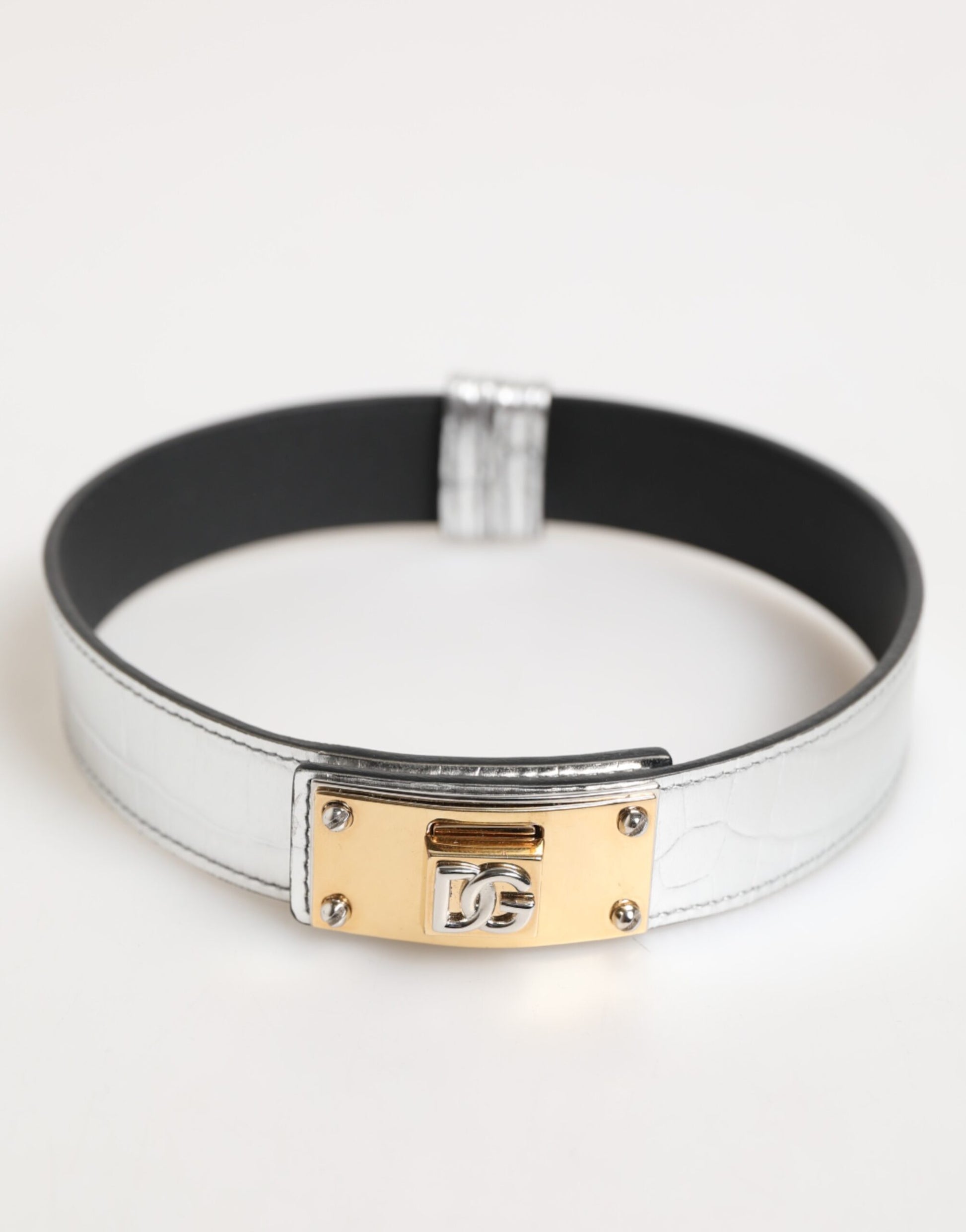 Silver Textured Leather Gold Tone Metal Neckband
