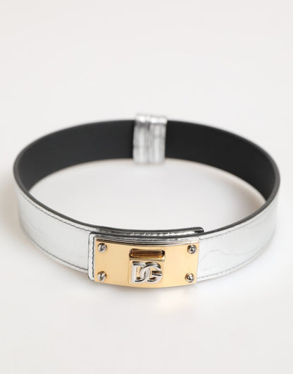 Silver Textured Leather Gold Tone Metal Neckband