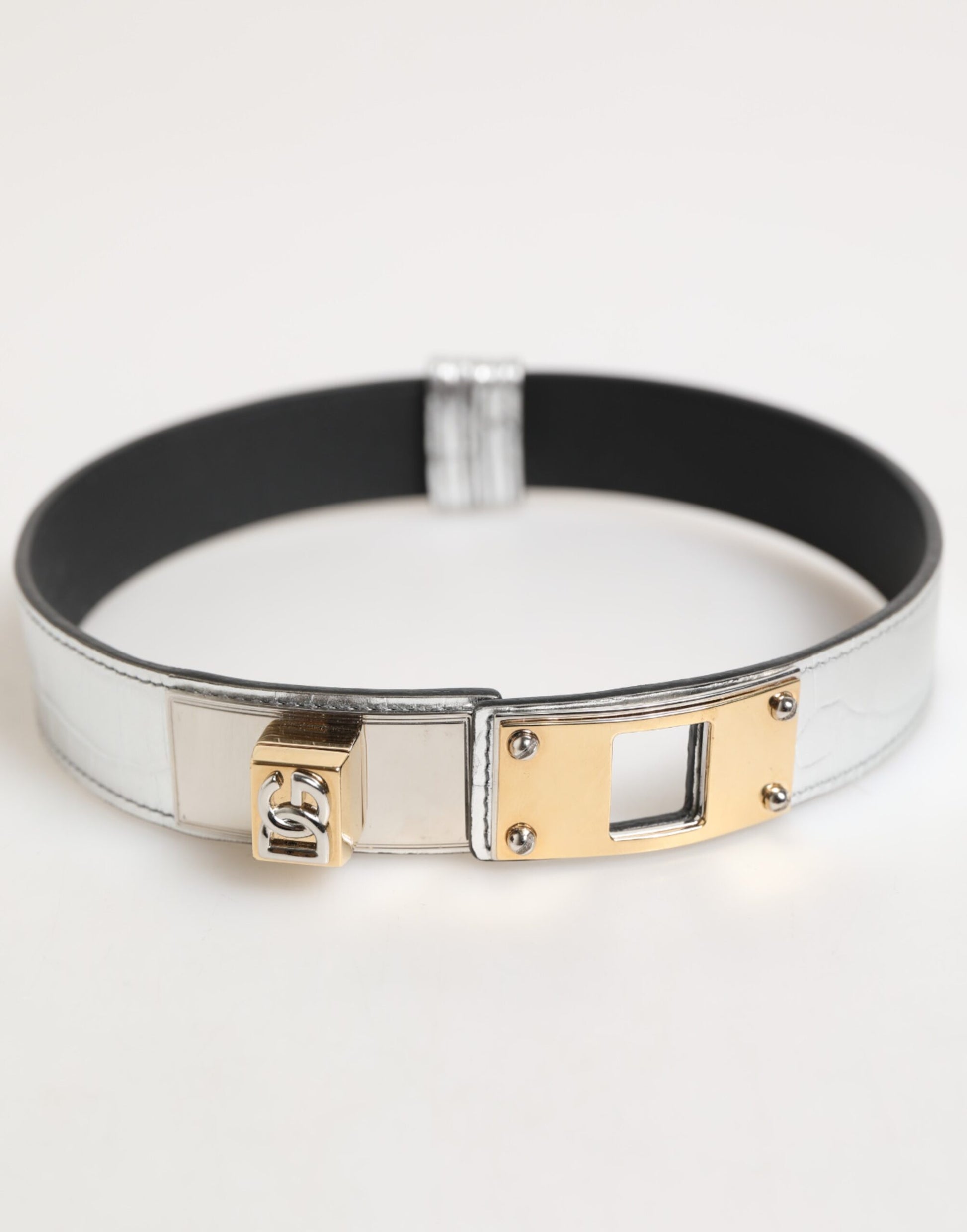 Silver Textured Leather Gold Tone Metal Neckband