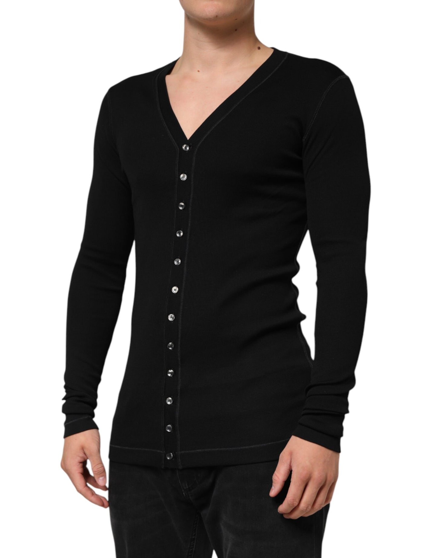 Black Cotton Button Up Men Cardigan Sweater