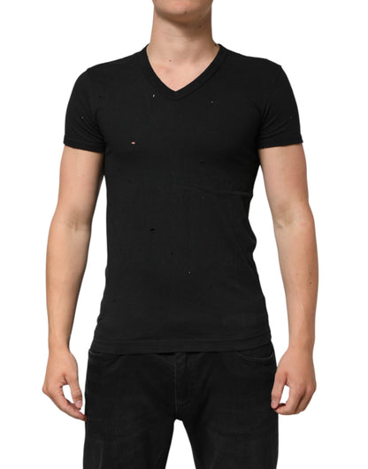 Black Cotton Tattered Logo V-Neck Men T-shirt