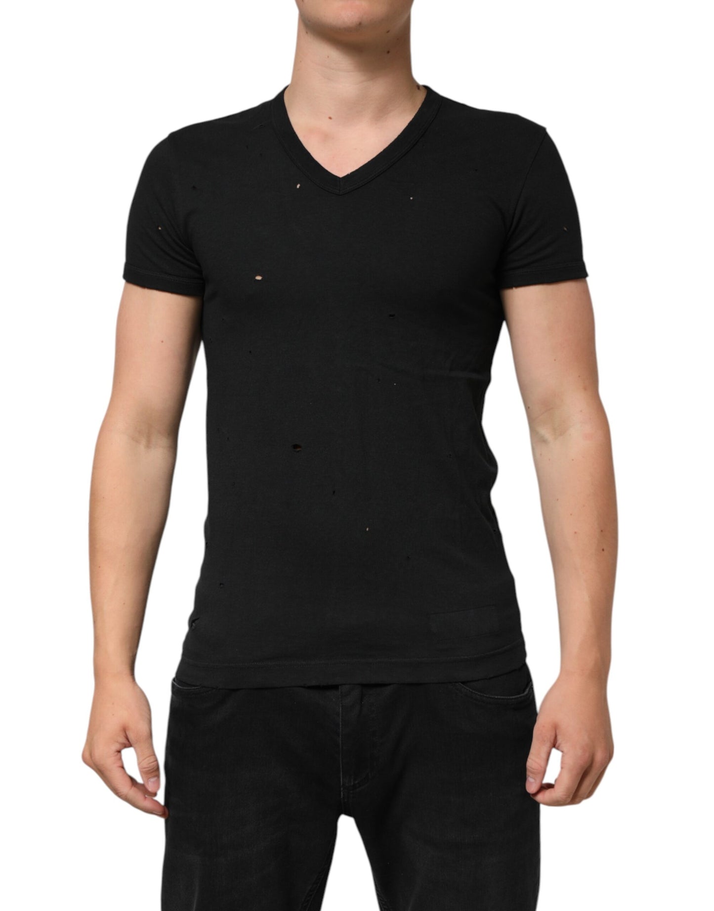 Black Cotton Tattered Logo V-Neck Men T-shirt