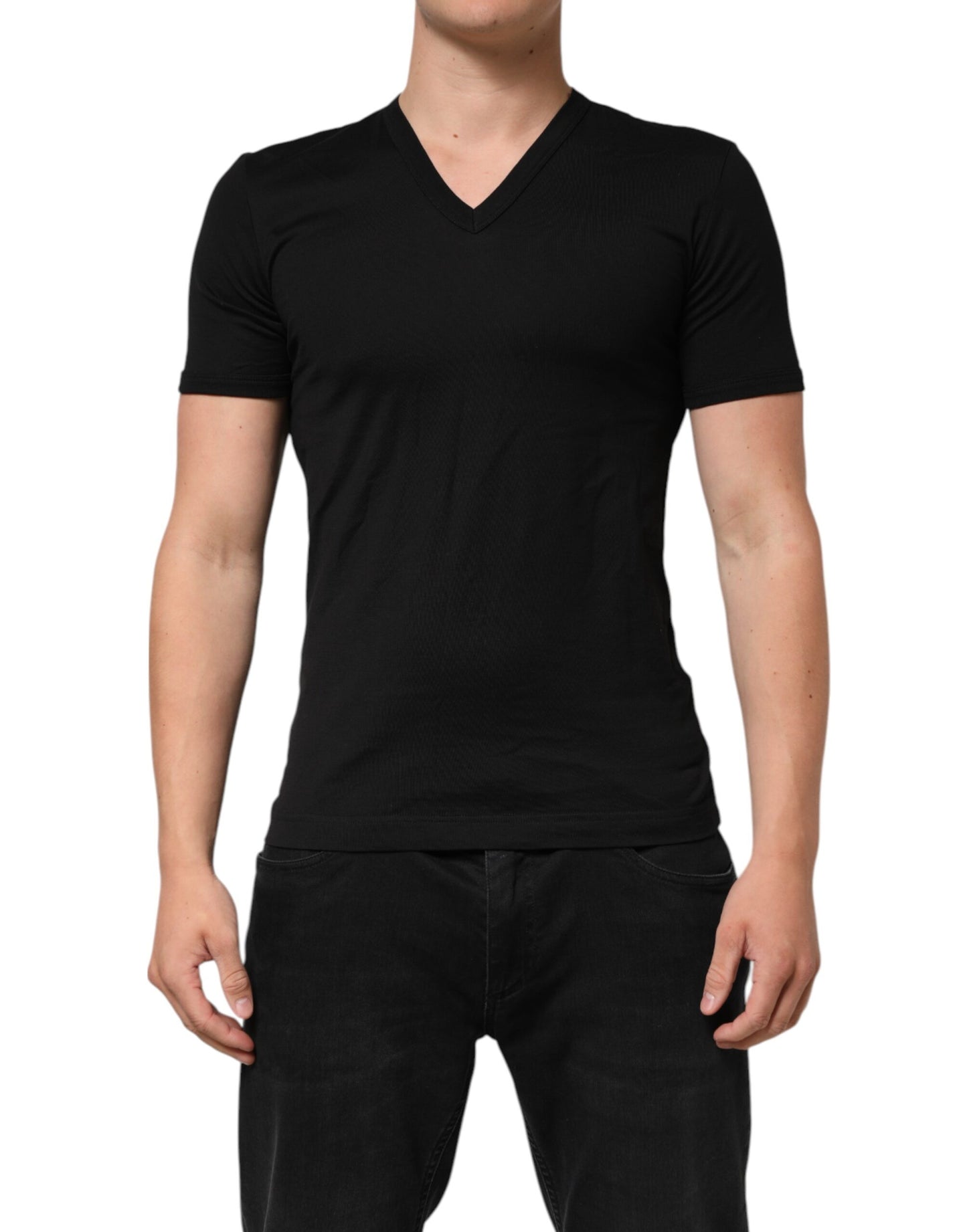 Black Cotton Plain V-Neck Men Shirt T-shirt