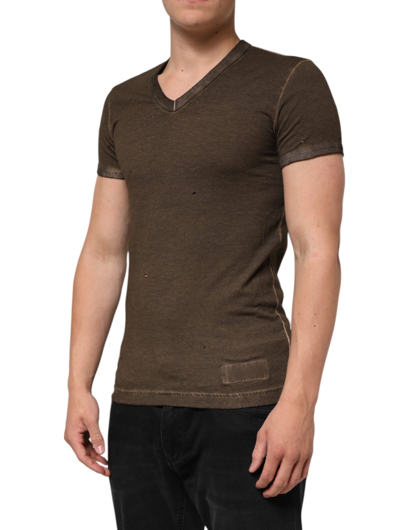 Dark Brown Cotton Tattered Logo Men T-shirt