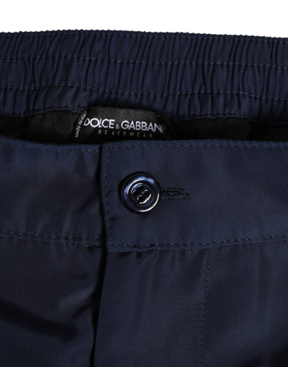 Navy Blue Polyester Logo Buckle Waist Swimwear