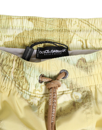 Yellow World Map Polyester Elastic Waistband Swimwear