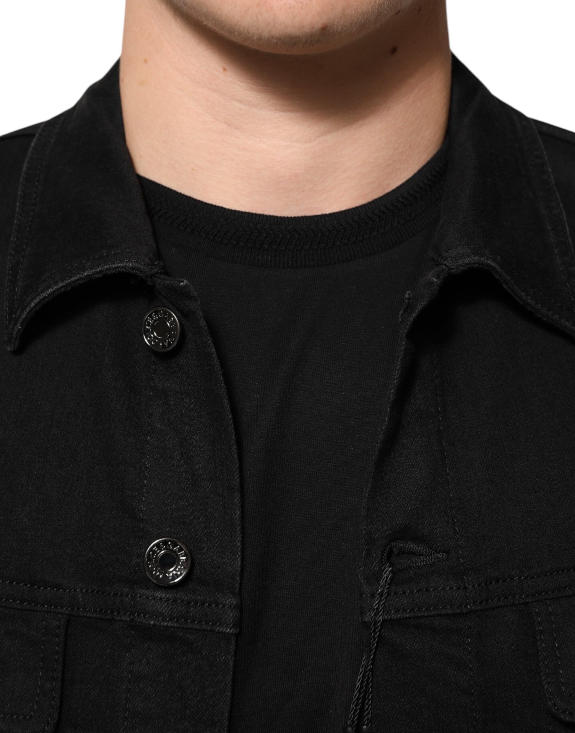 Black Cotton Denim Stretch Button Up Jacket
