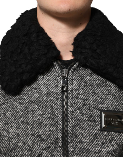 Gray Wool Herringbone Shearling Collar Bomber Jacket
