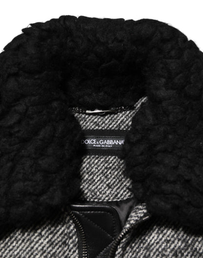 Gray Wool Herringbone Shearling Collar Bomber Jacket