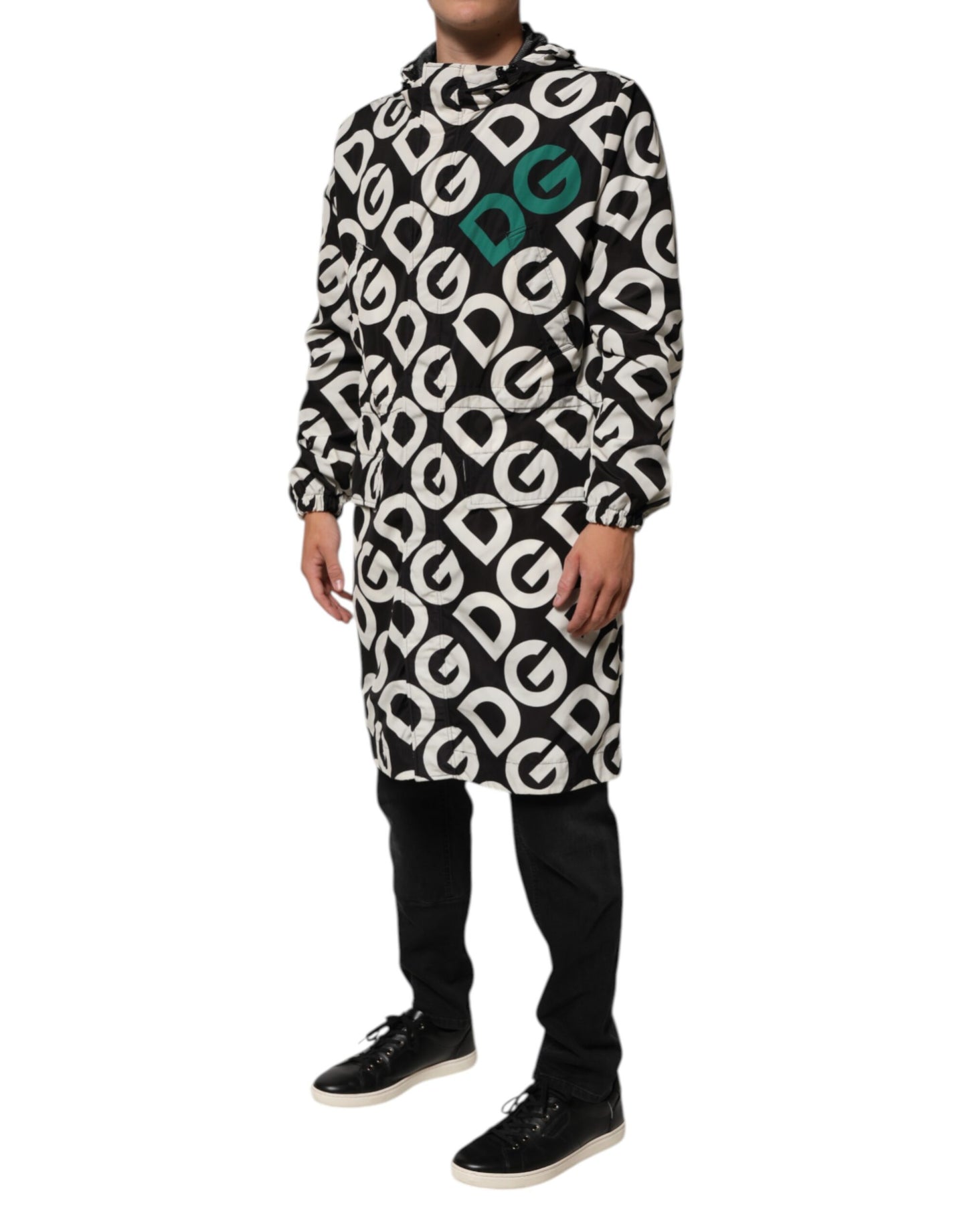 Black White Logo Print Hooded Coat Men Jacket
