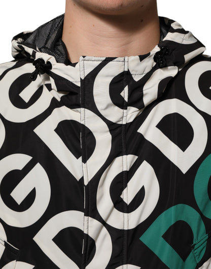 Black White Logo Print Hooded Coat Men Jacket