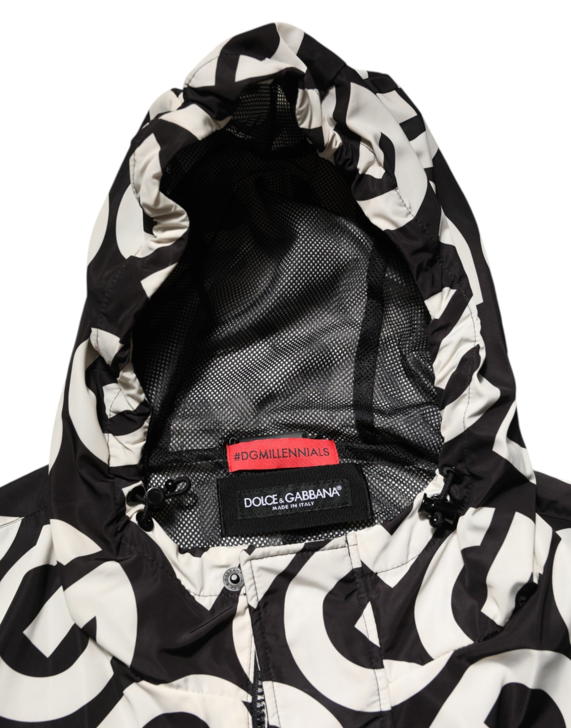 Black White Logo Print Hooded Coat Men Jacket