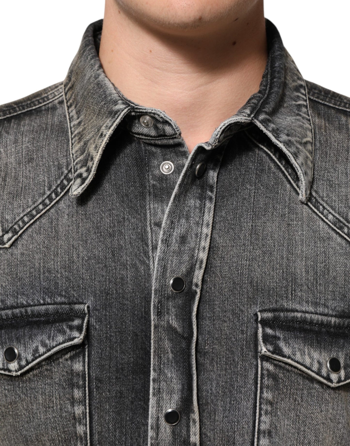 Black Washed Cotton Snap Long Sleeve Casual Shirt