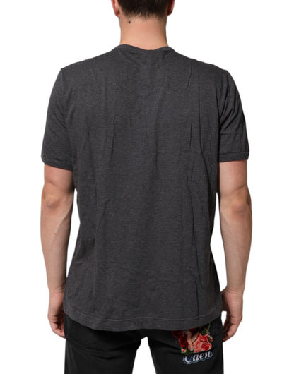Grey Cotton V-Neck Logo Plaque Melange T-Shirt
