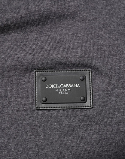 Grey Cotton V-Neck Logo Plaque Melange T-Shirt