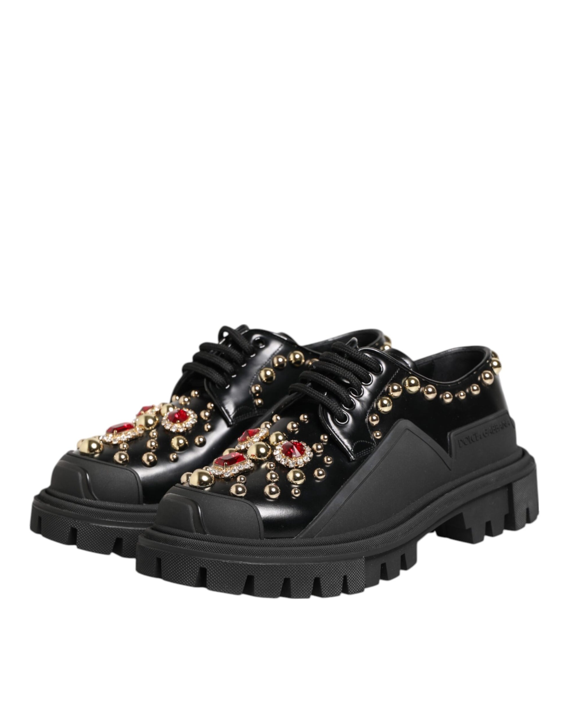 Black Leather Jeweled Crystals Derby Shoes