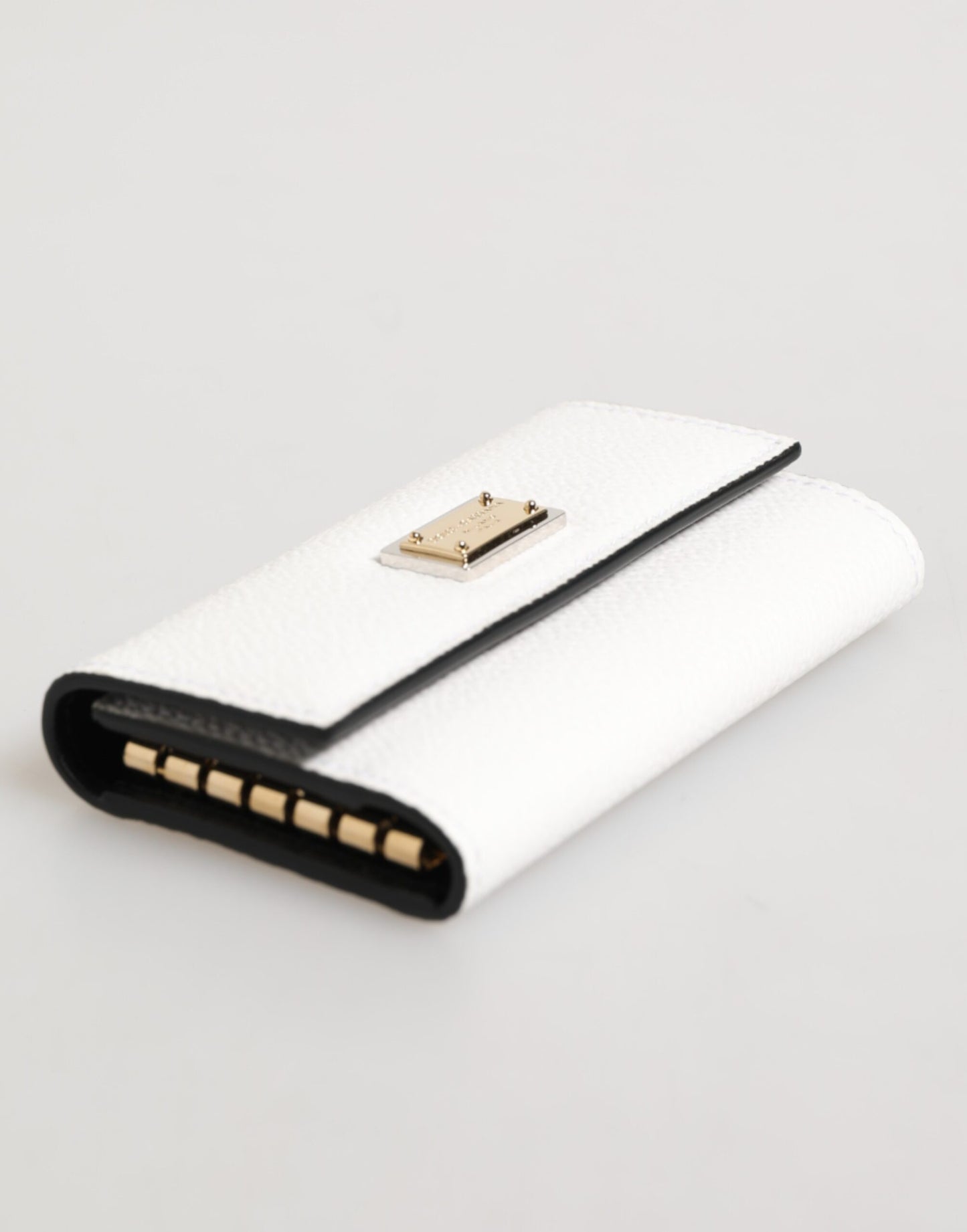 White Leather Card Case Holder Wallet Gold Logo Plate  Key Holder