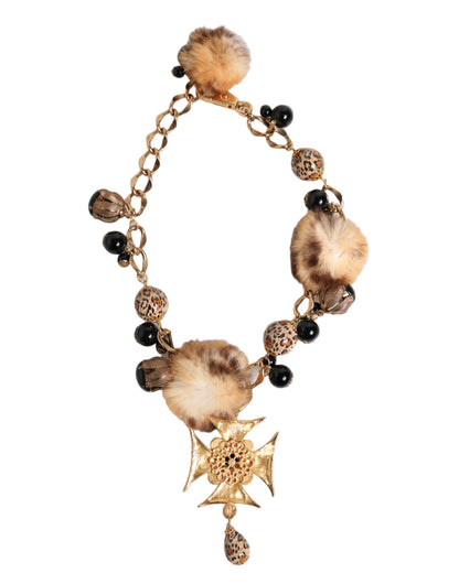 Gold Black Crystals Lapin Fur Filigree Choker Necklace