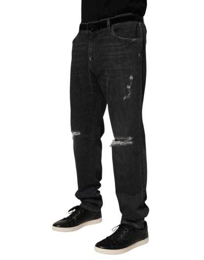 Black Cotton Slim Fit Distressed Ripped Logo Jeans