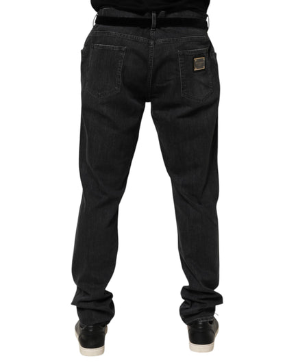 Black Cotton Slim Fit Distressed Ripped Logo Jeans
