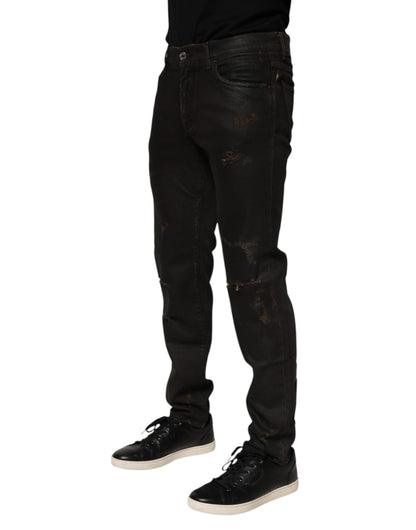 Dark Brown Tattered Cotton Skinny Denim Jeans