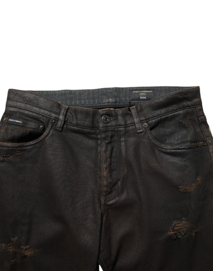 Dark Brown Tattered Cotton Skinny Denim Jeans