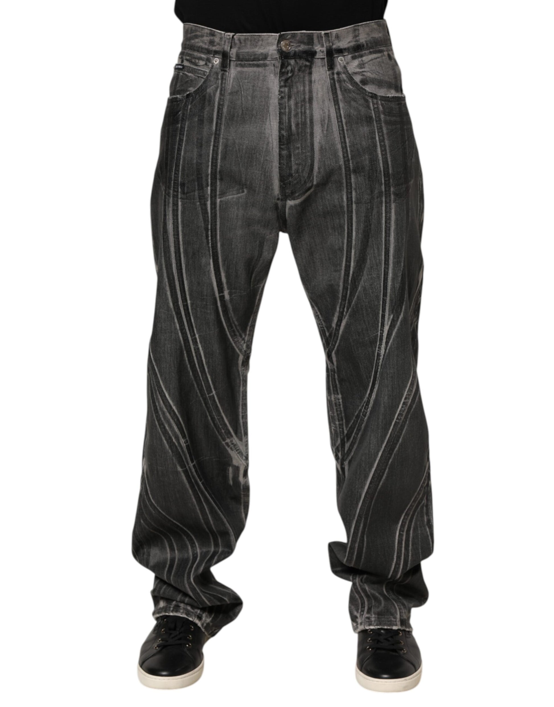 Black Grey Graphic Print Denim Pants Jeans