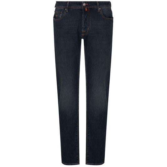Blue Cotton Men Jeans with Orange Stitching
