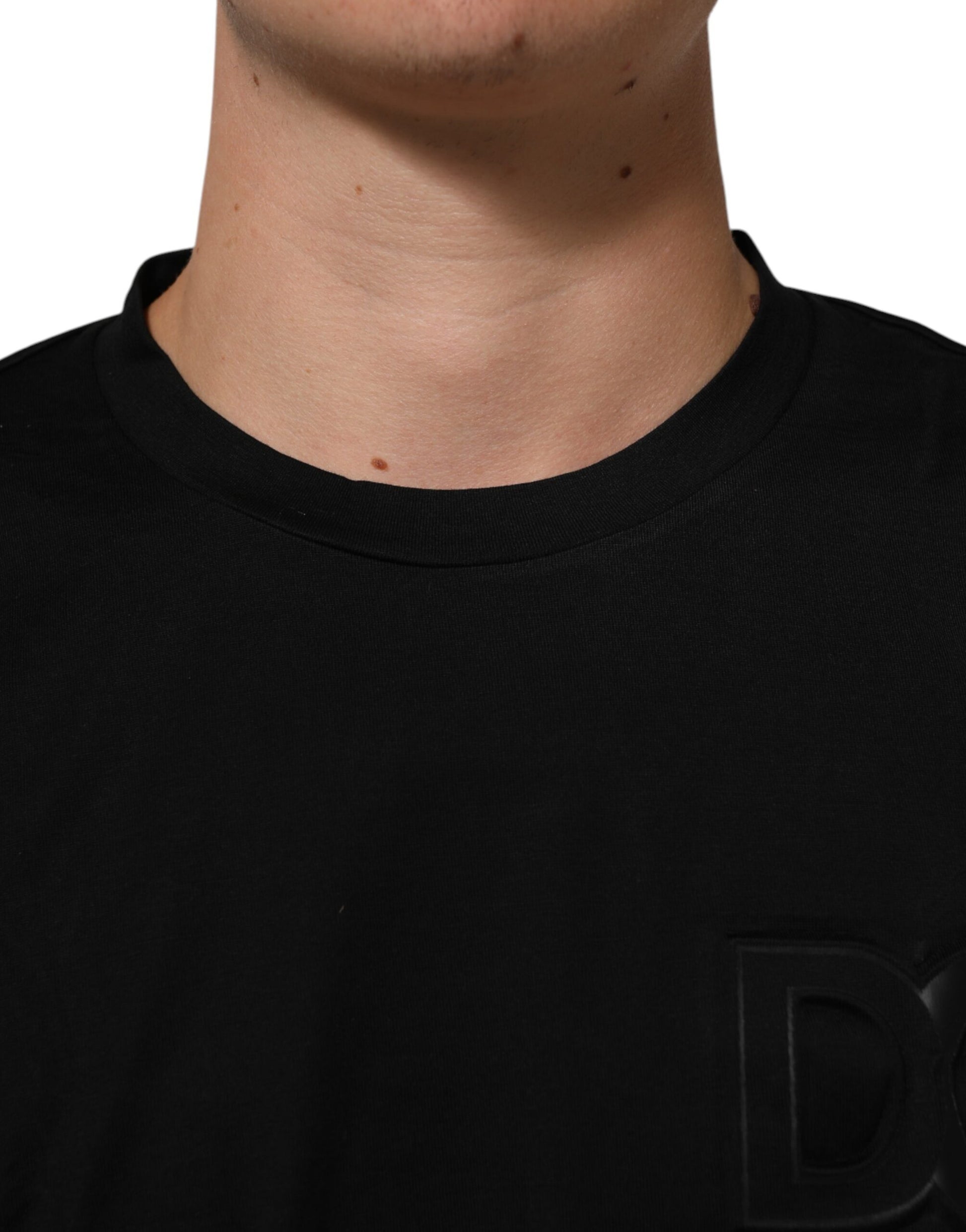 Black Logo Patch Cotton Men Crew Neck T-shirt