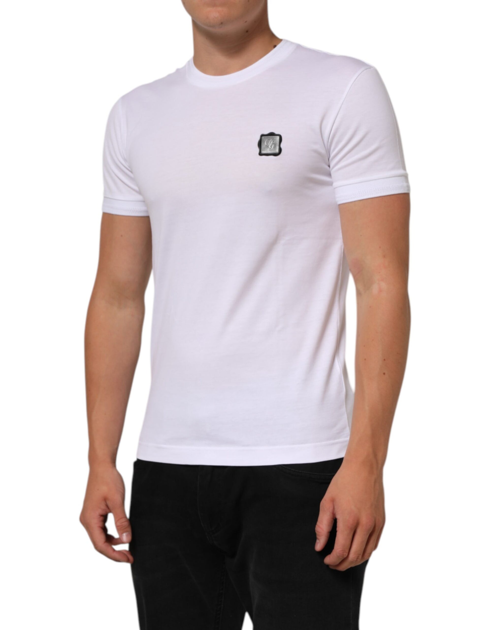 White Cotton Logo Patch Crew Neck  T-shirt