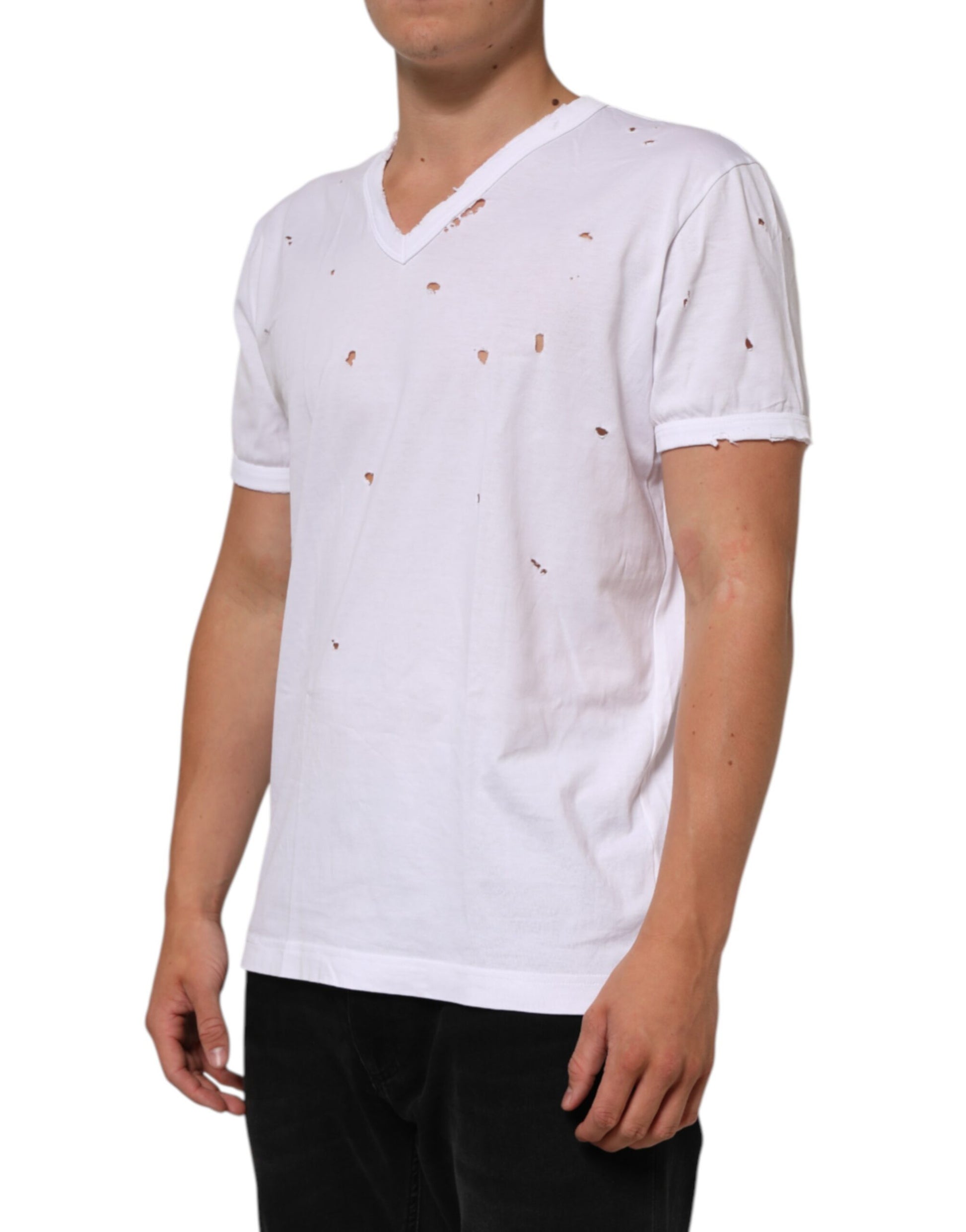 White Distressed Cotton V Neck Men T-shirt