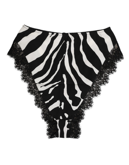 Black Silk Zebra Print Lace High Waist Underwear
