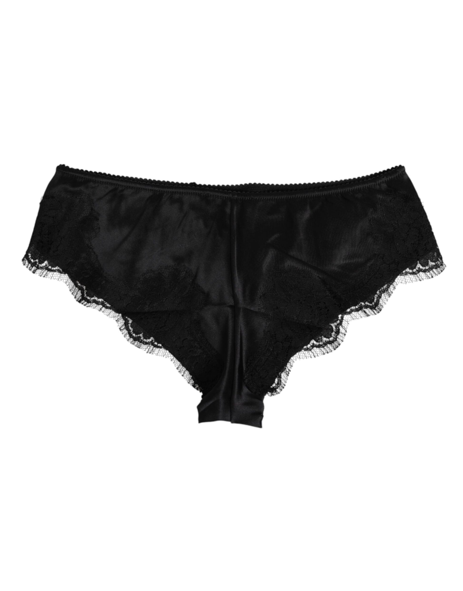 Black Silk Satin Floral Lace Panty Brief Underwear