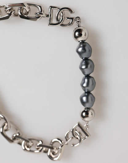 Silver Tone Chain Lobster Clasp Logo Gray Pearls Bracelet