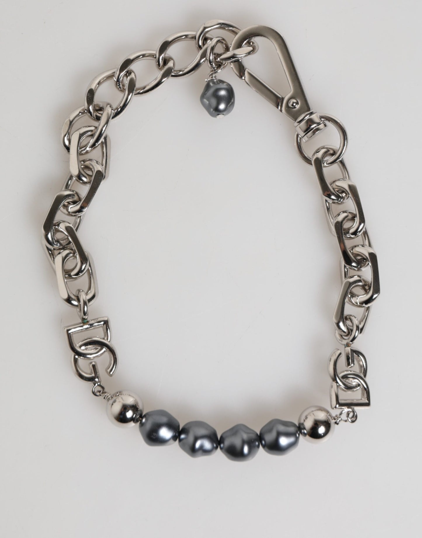 Silver Tone Chain Lobster Clasp Logo Gray Pearls Bracelet