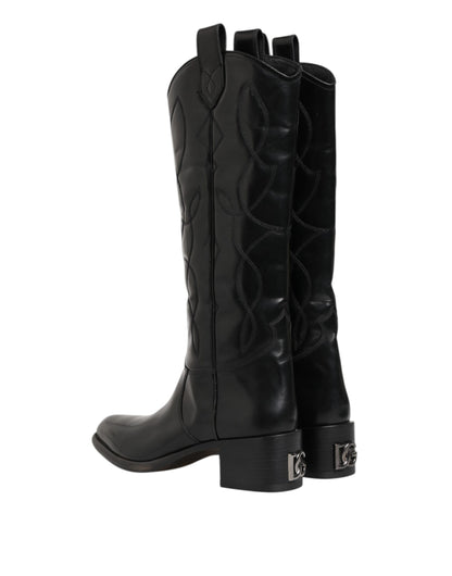 Black Leather Over The Calf Biker Boots Shoes