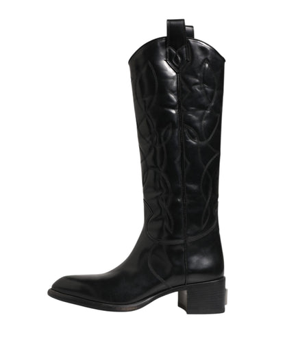 Black Leather Over The Calf Biker Boots Shoes