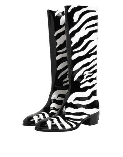 Black White Zebra Over The Calf Boots Shoes