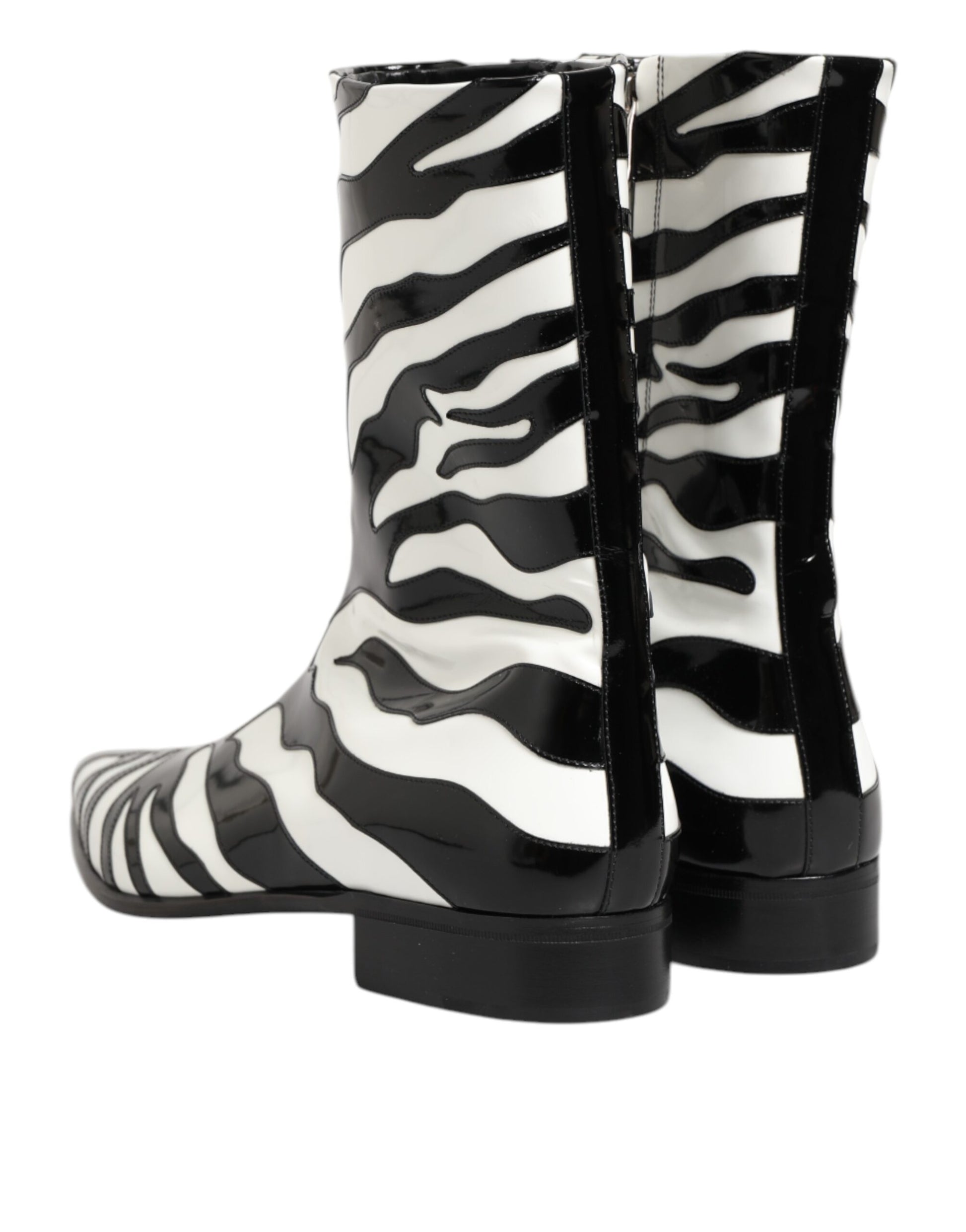 Black White Zebra Leather Mid Calf Boots Shoes