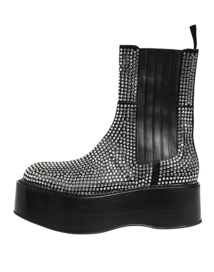 Black Crystal Strass Mid Calf Short Boots  Shoes