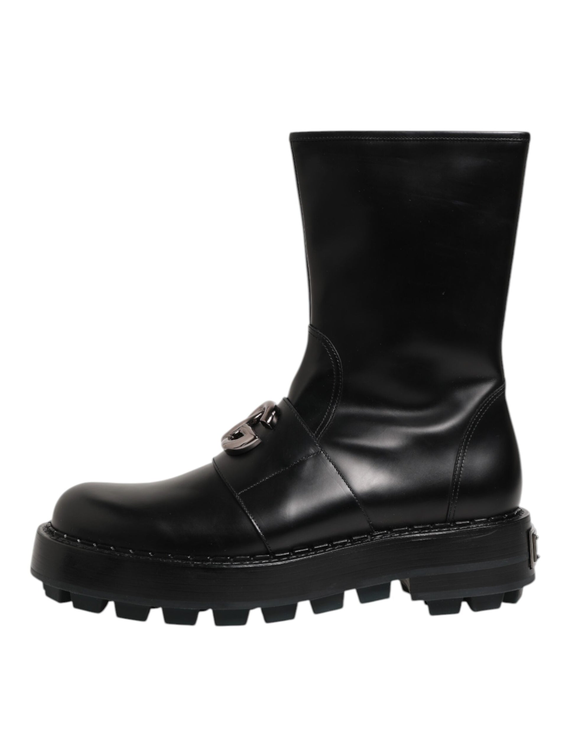 Black Logo Plaque Mid Calf Biker Boots Shoes