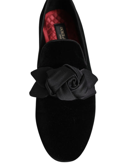 Black Suede Cotton Rose Slip On Loafers Shoes