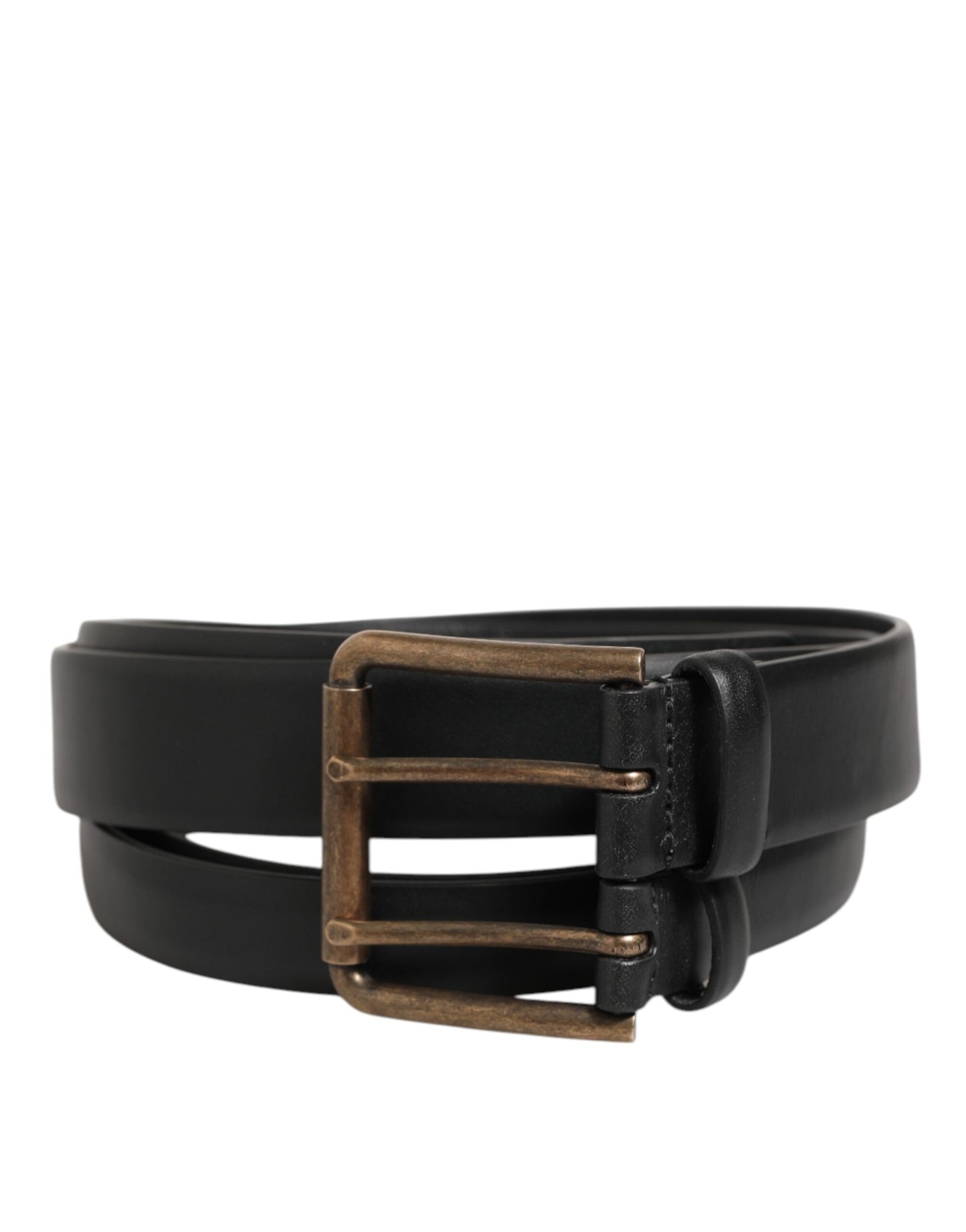 Black Double Strap Leather Brass Buckle Belt