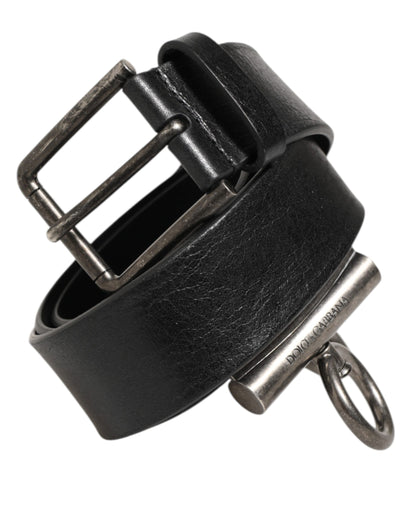 Black Leather Side Rings Brass Buckle Belt