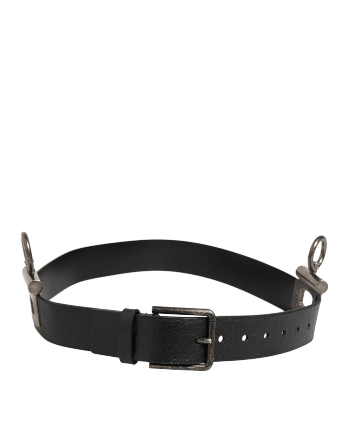 Black Leather Side Rings Brass Buckle Belt