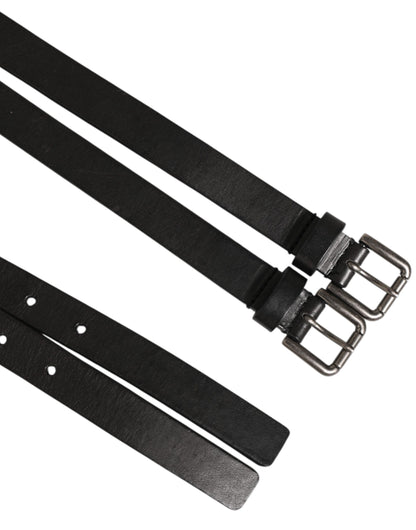 Black Double Strap Leather Silver Buckle Belt