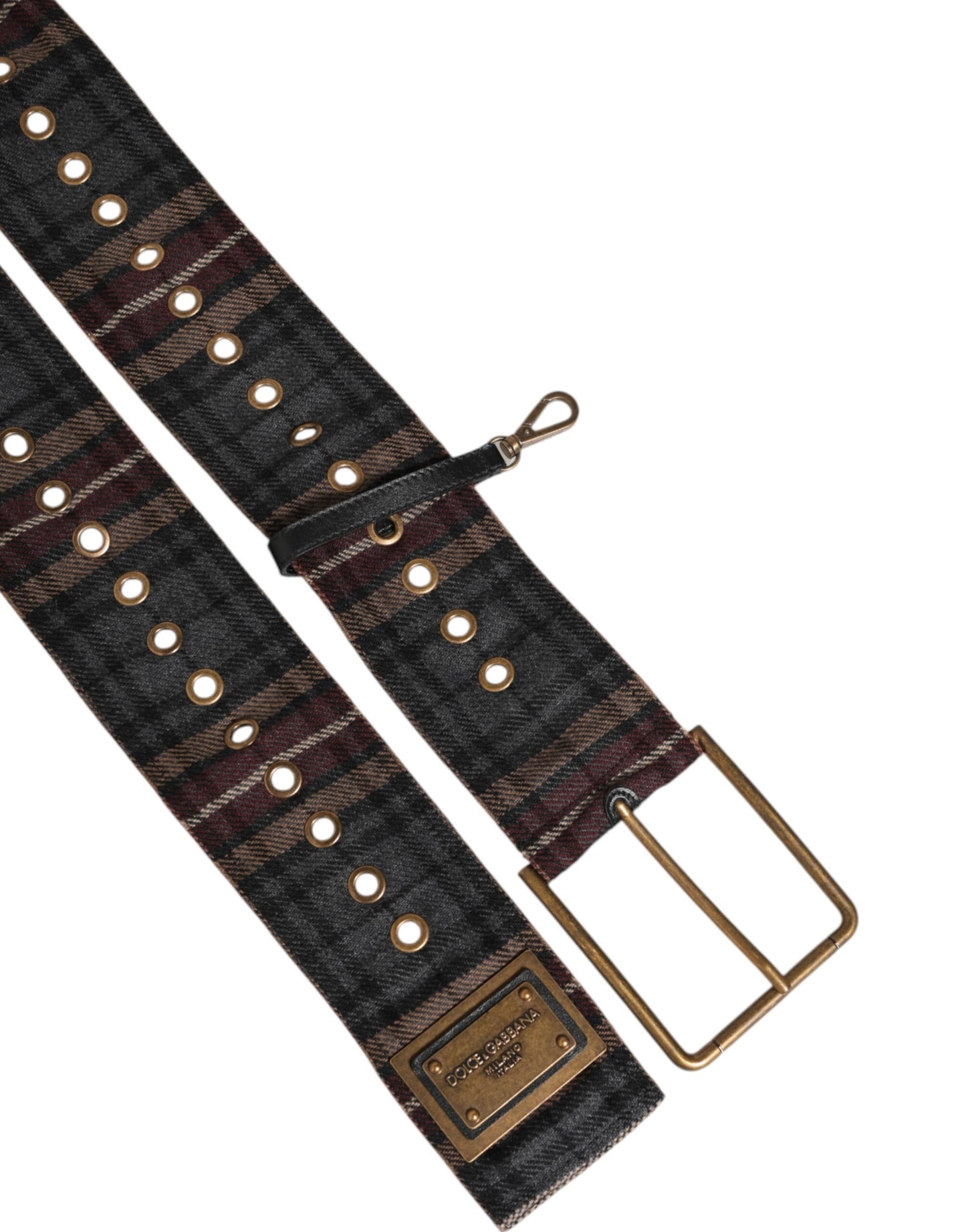 Plaid Fabric Logo Plate Brass Buckle Belt