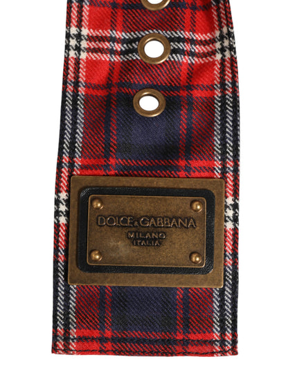 Red Plaid Fabric Logo Plate Brass Buckle Belt